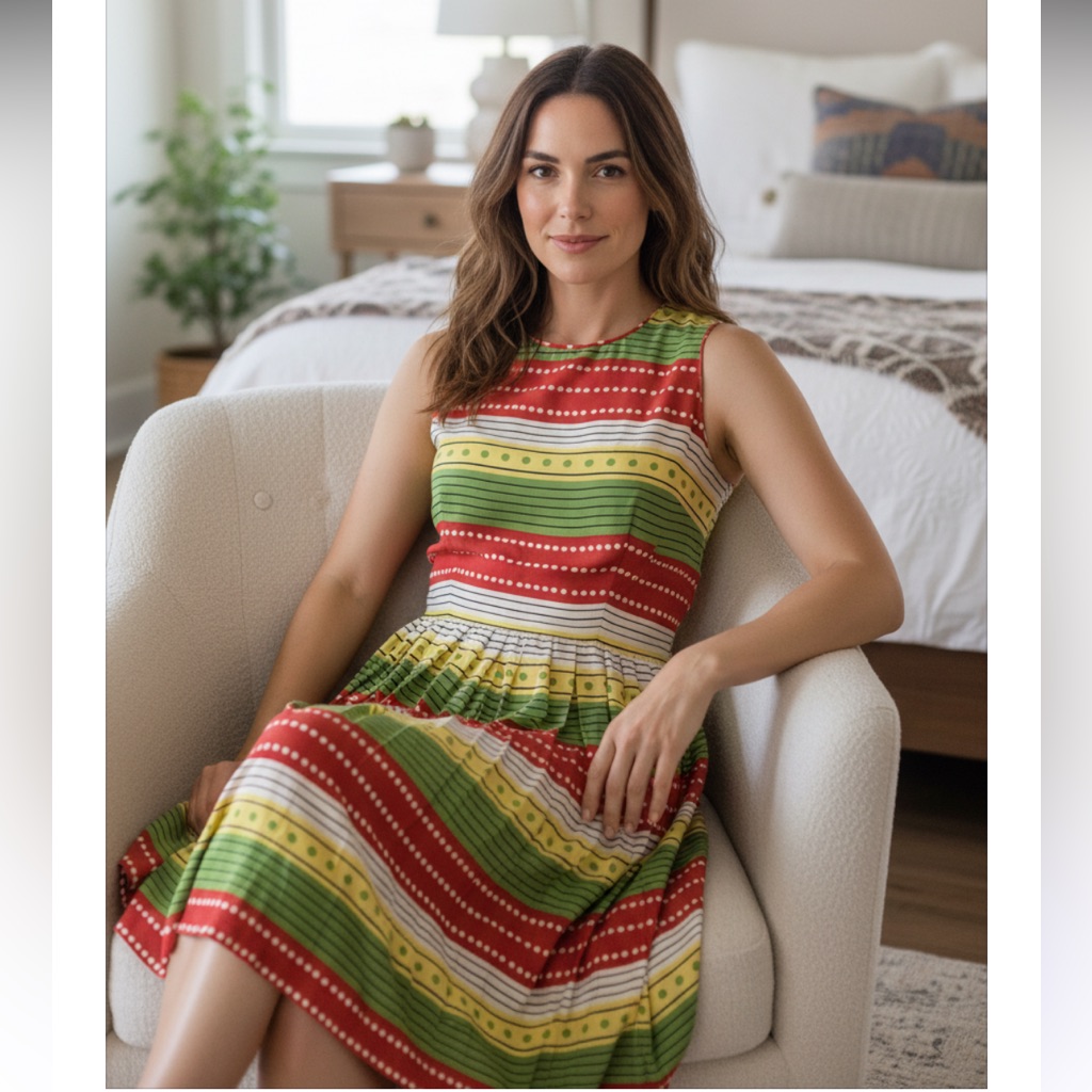 Sara Campbell Dress Sleeveless 100% Silk Striped Red Green Yellow Fit Flare